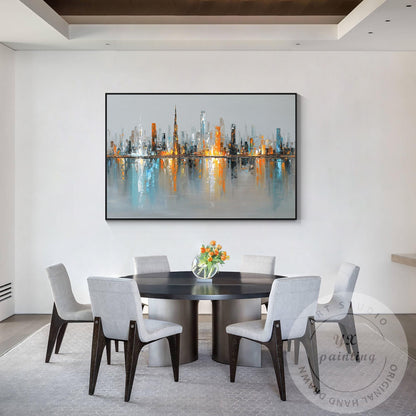 Horizontal Dubai Skyline Wall Art – Huge Abstract Cityscape Painting with Metall #2
