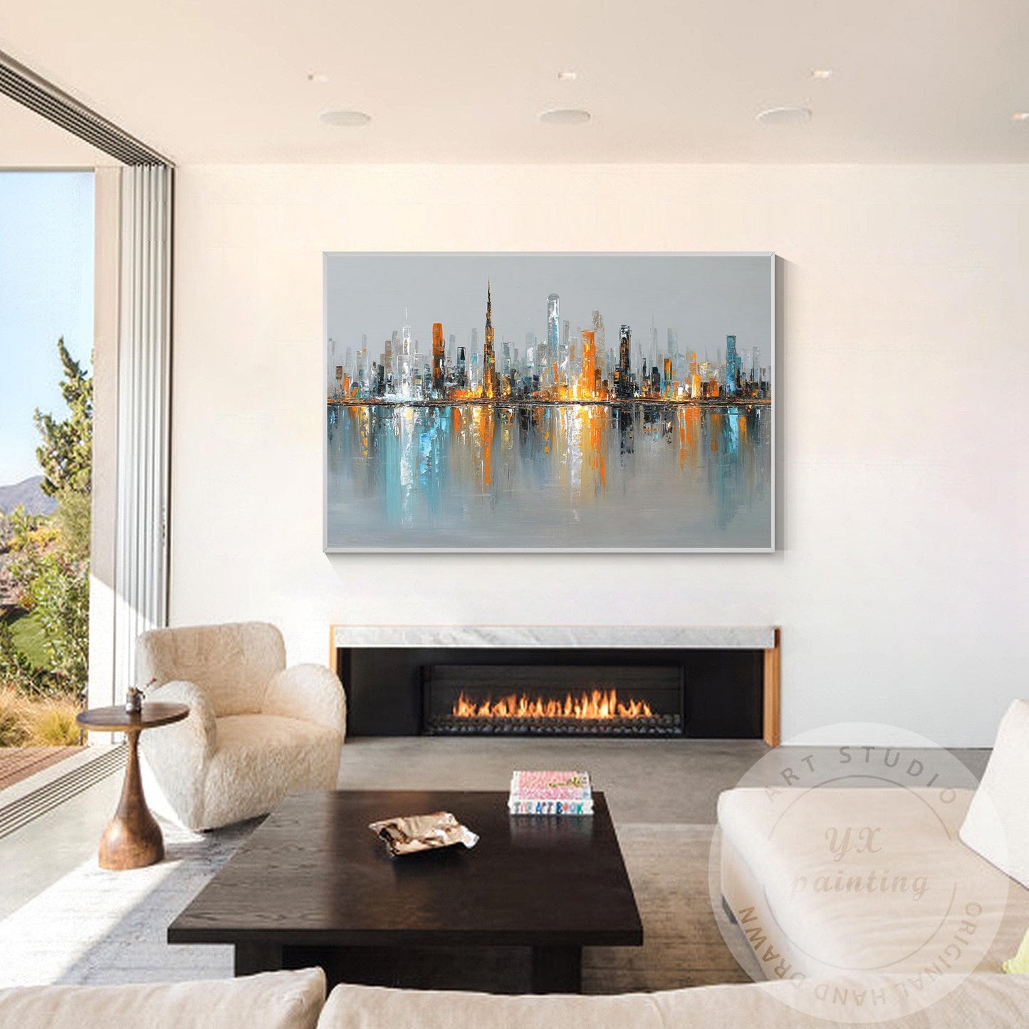 Horizontal Dubai Skyline Wall Art – Huge Abstract Cityscape Painting with Metall #3