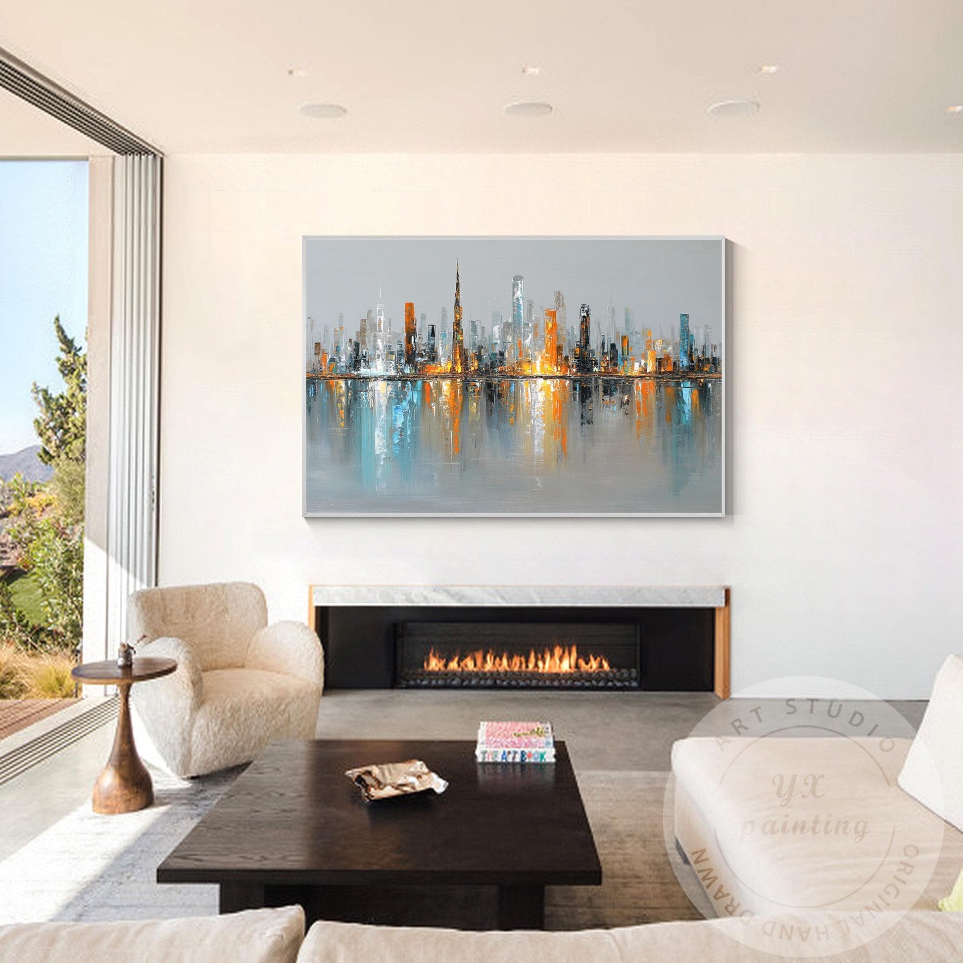 Horizontal Dubai Skyline Wall Art – Huge Abstract Cityscape Painting with Metall #3