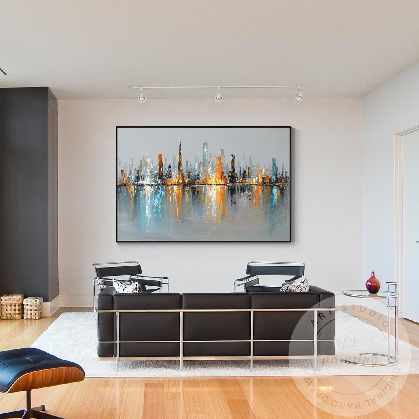 Horizontal Dubai Skyline Wall Art – Huge Abstract Cityscape Painting with Metall #4