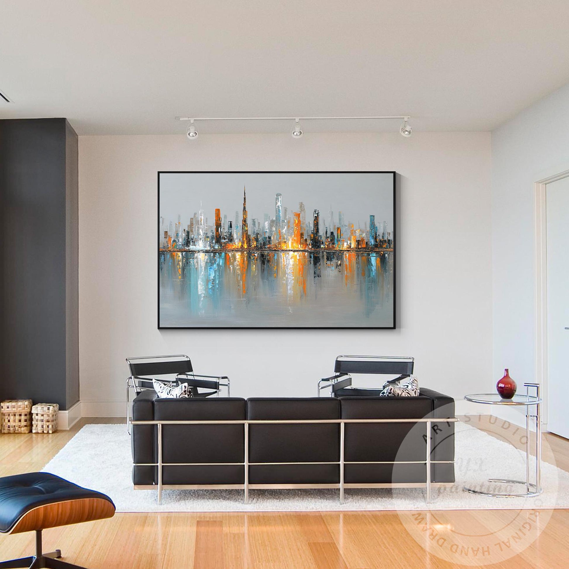 Horizontal Dubai Skyline Wall Art – Huge Abstract Cityscape Painting with Metall #4