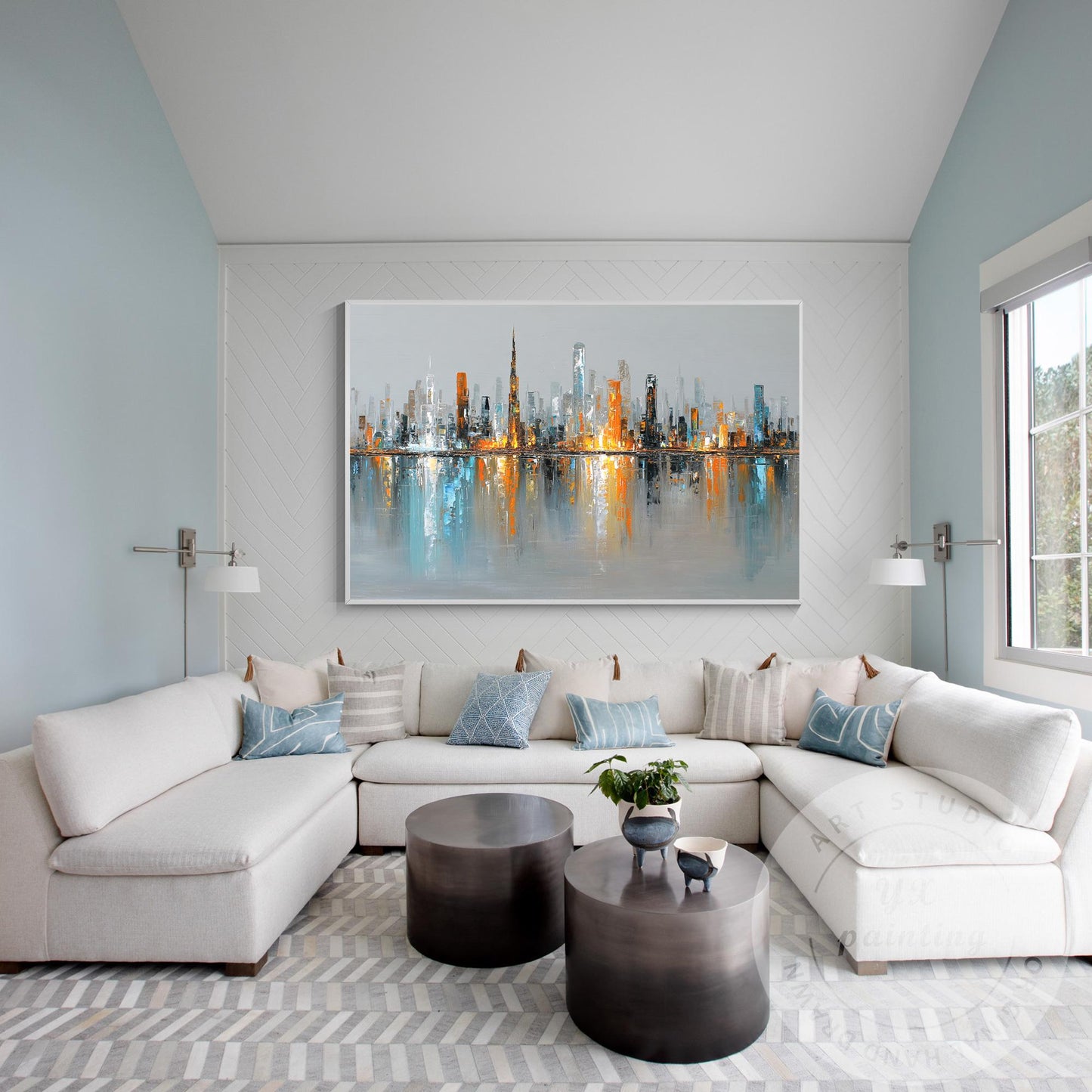 Horizontal Dubai Skyline Wall Art – Huge Abstract Cityscape Painting with Metall #5