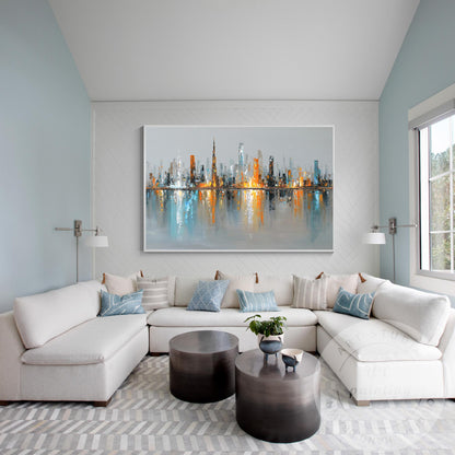Horizontal Dubai Skyline Wall Art – Huge Abstract Cityscape Painting with Metall #5