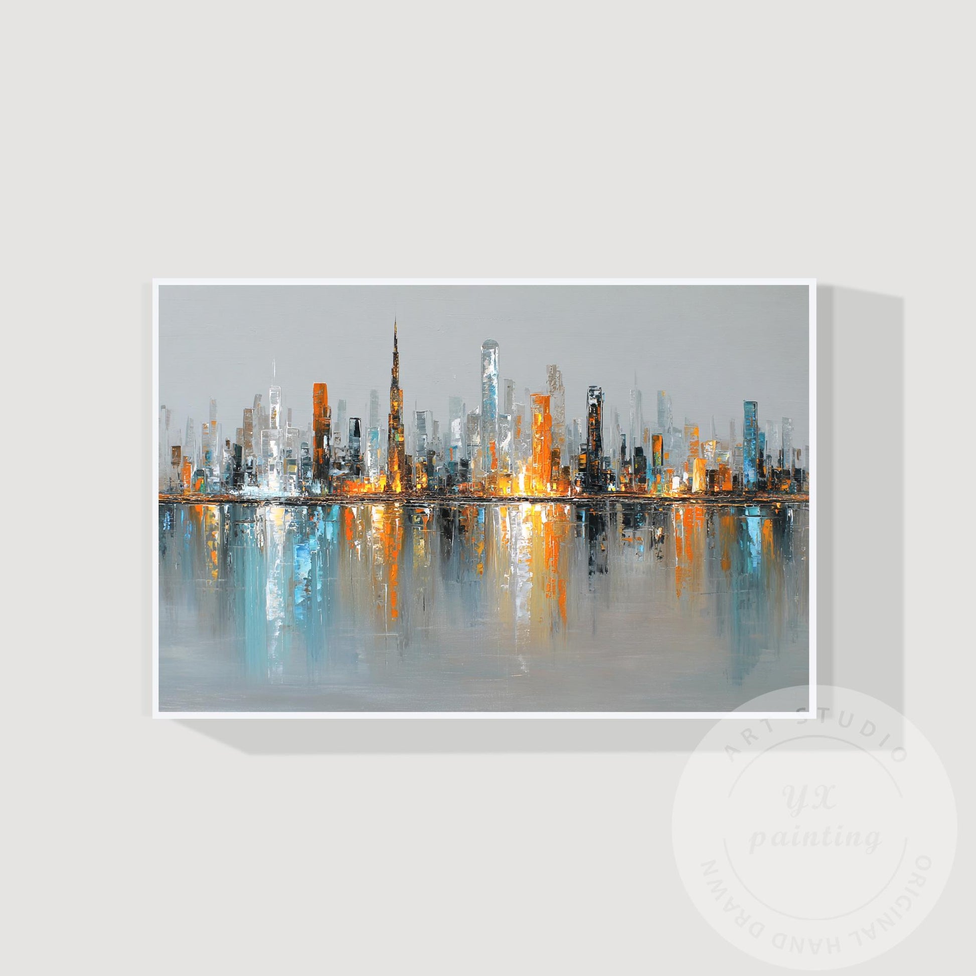 Horizontal Dubai Skyline Wall Art – Huge Abstract Cityscape Painting with Metall #6