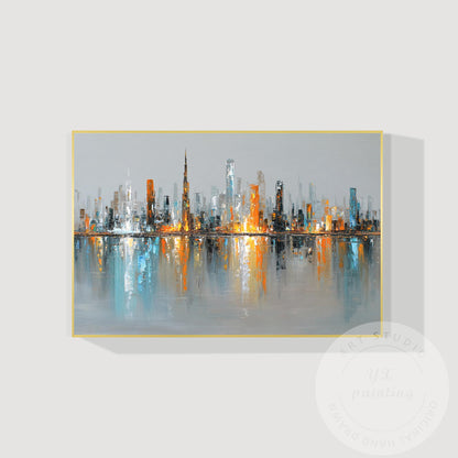 Horizontal Dubai Skyline Wall Art – Huge Abstract Cityscape Painting with Metall #9