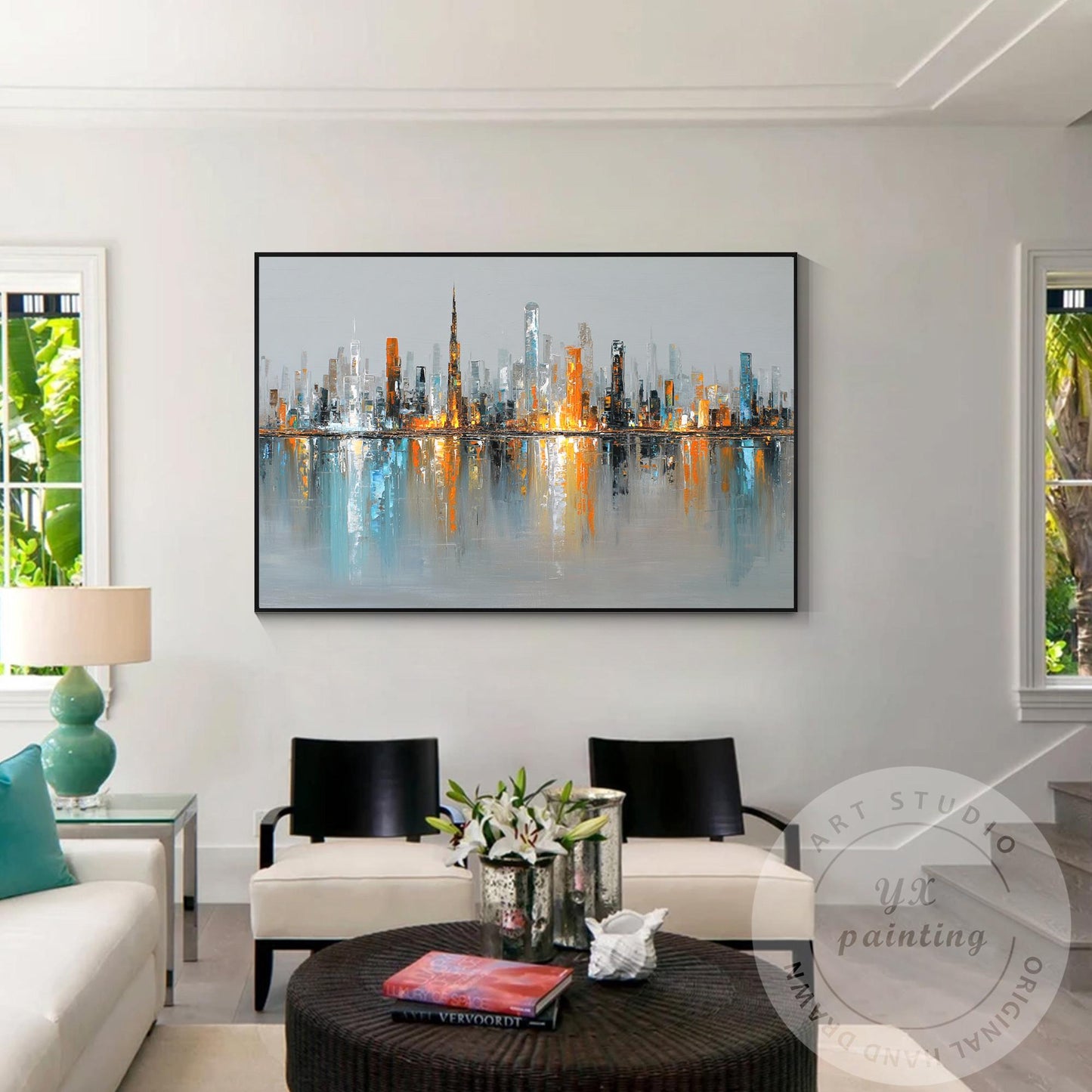 Horizontal Dubai Skyline Wall Art – Huge Abstract Cityscape Painting with Metall #1