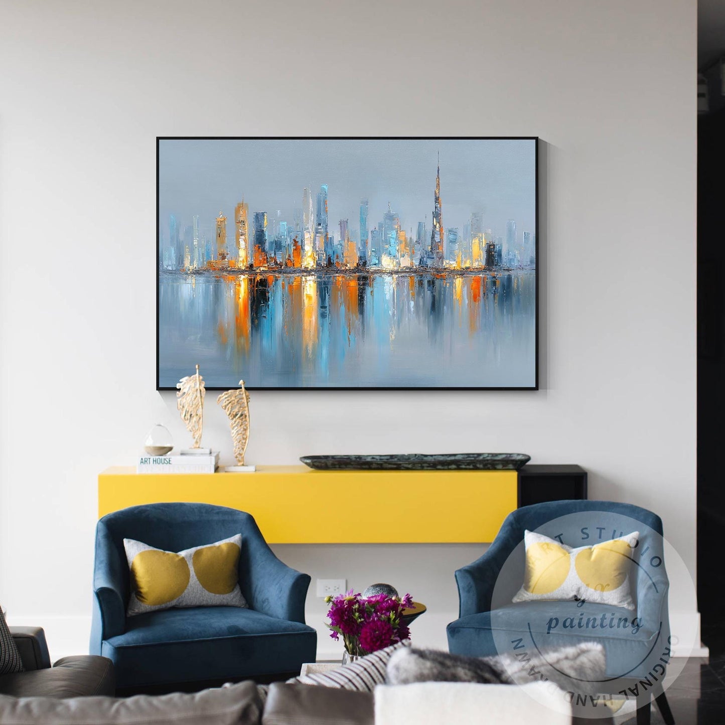 Horizontal Hand Painted Dubai Skyline Art – Oversized Gold and Blue Abstract Cit #2