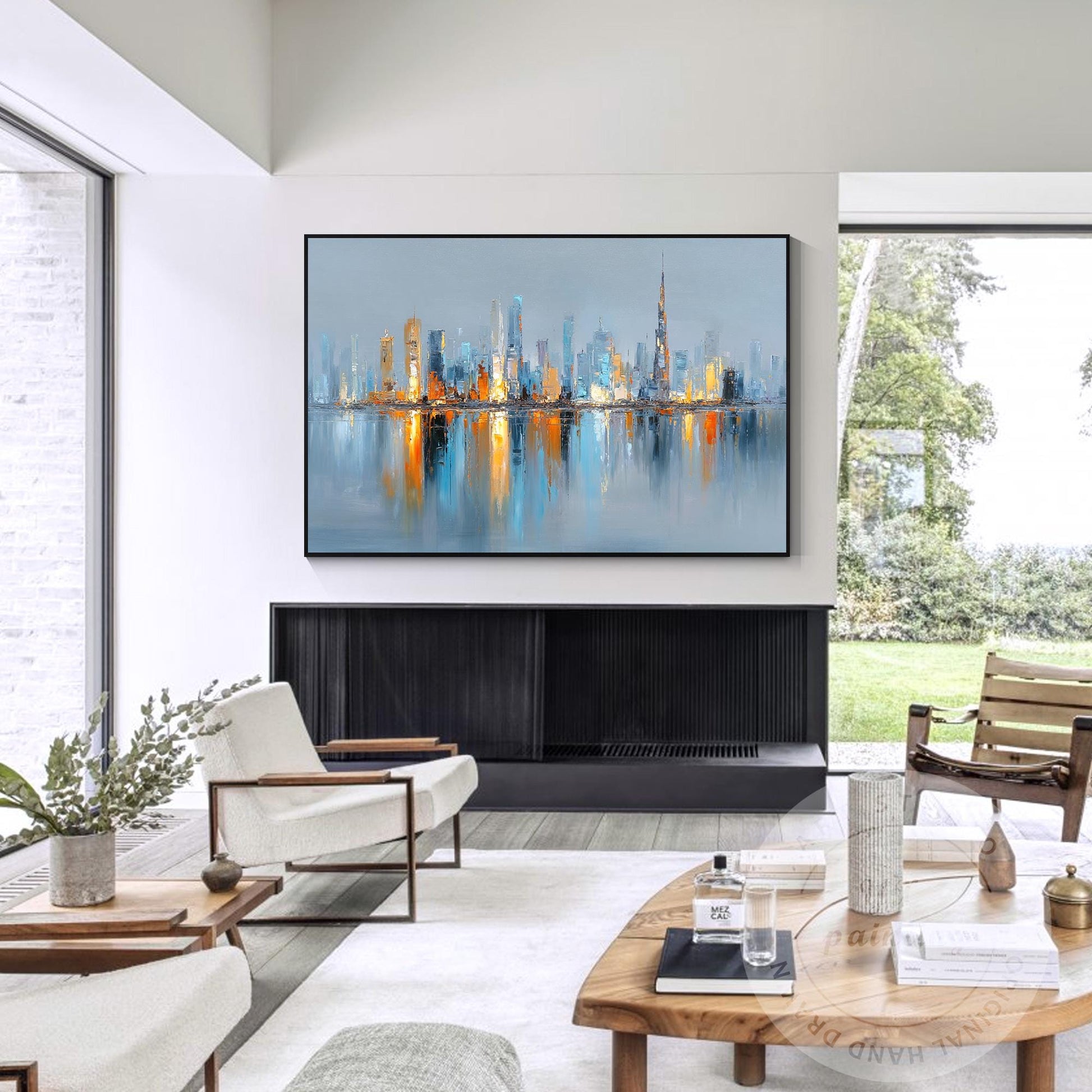 Horizontal Hand Painted Dubai Skyline Art – Oversized Gold and Blue Abstract Cit #3