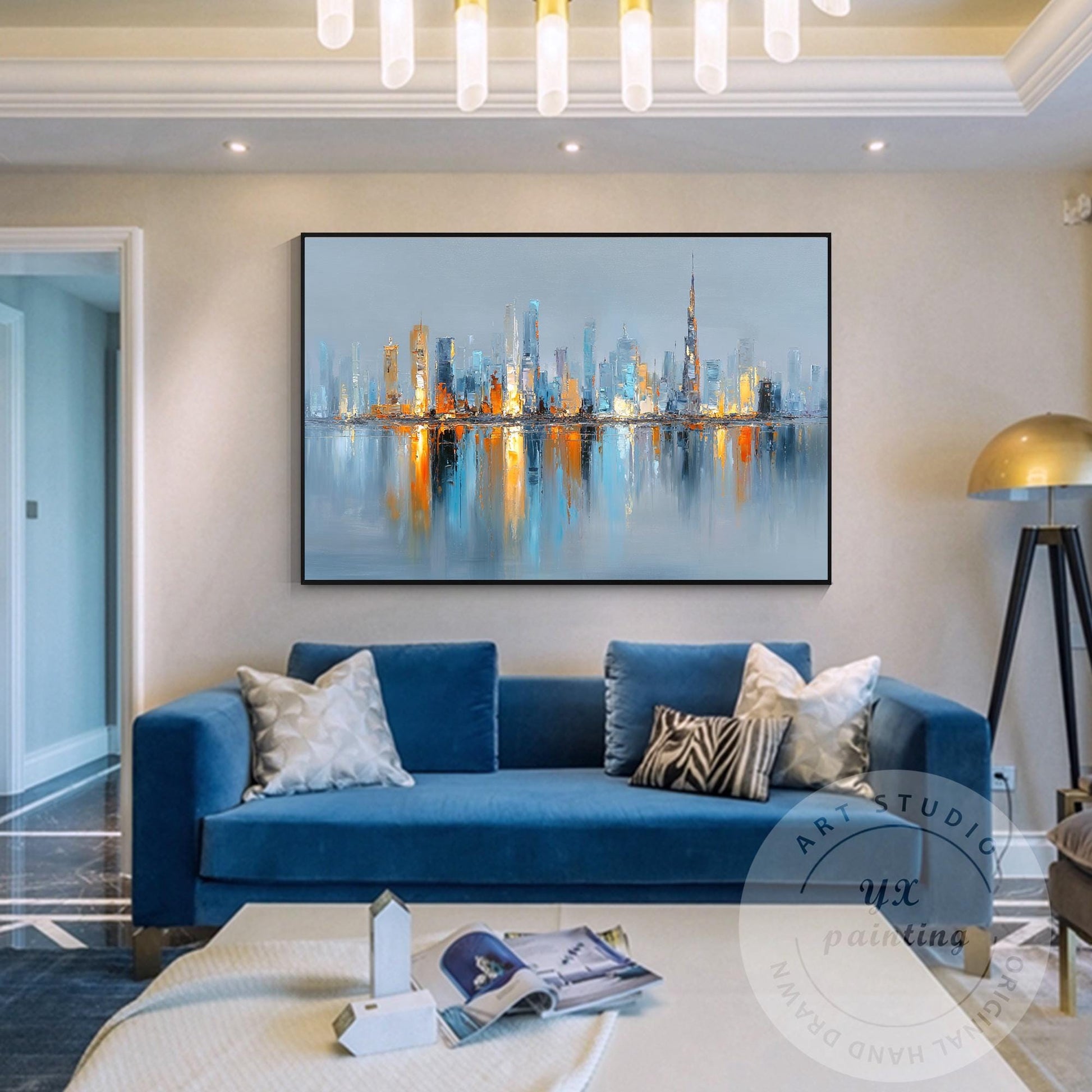 Horizontal Hand Painted Dubai Skyline Art – Oversized Gold and Blue Abstract Cit #4