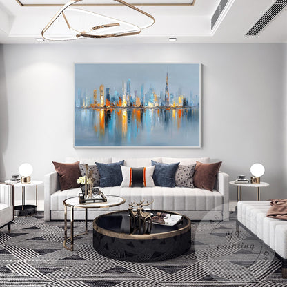 Horizontal Hand Painted Dubai Skyline Art – Oversized Gold and Blue Abstract Cit #5