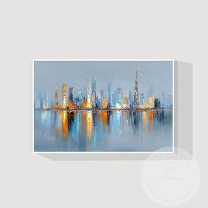 Horizontal Hand Painted Dubai Skyline Art – Oversized Gold and Blue Abstract Cit #6
