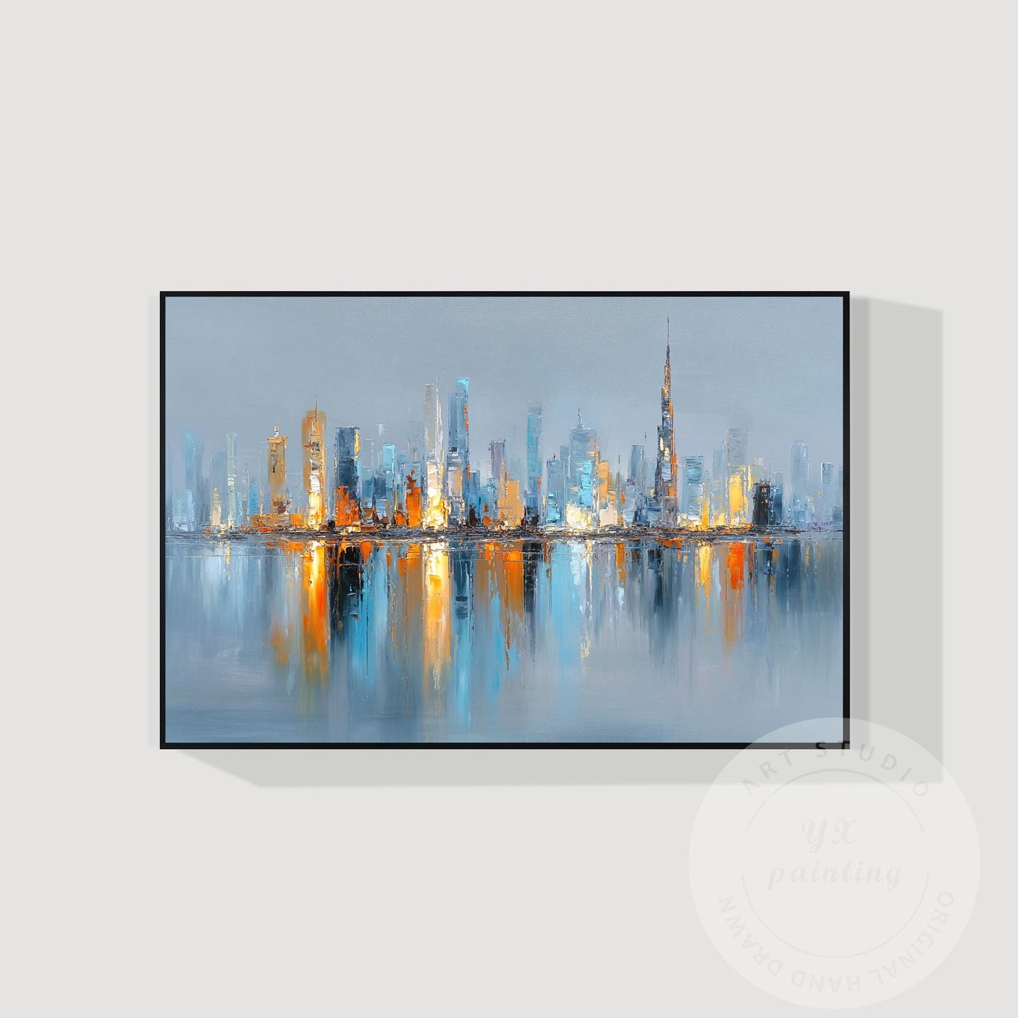 Horizontal Hand Painted Dubai Skyline Art – Oversized Gold and Blue Abstract Cit #7