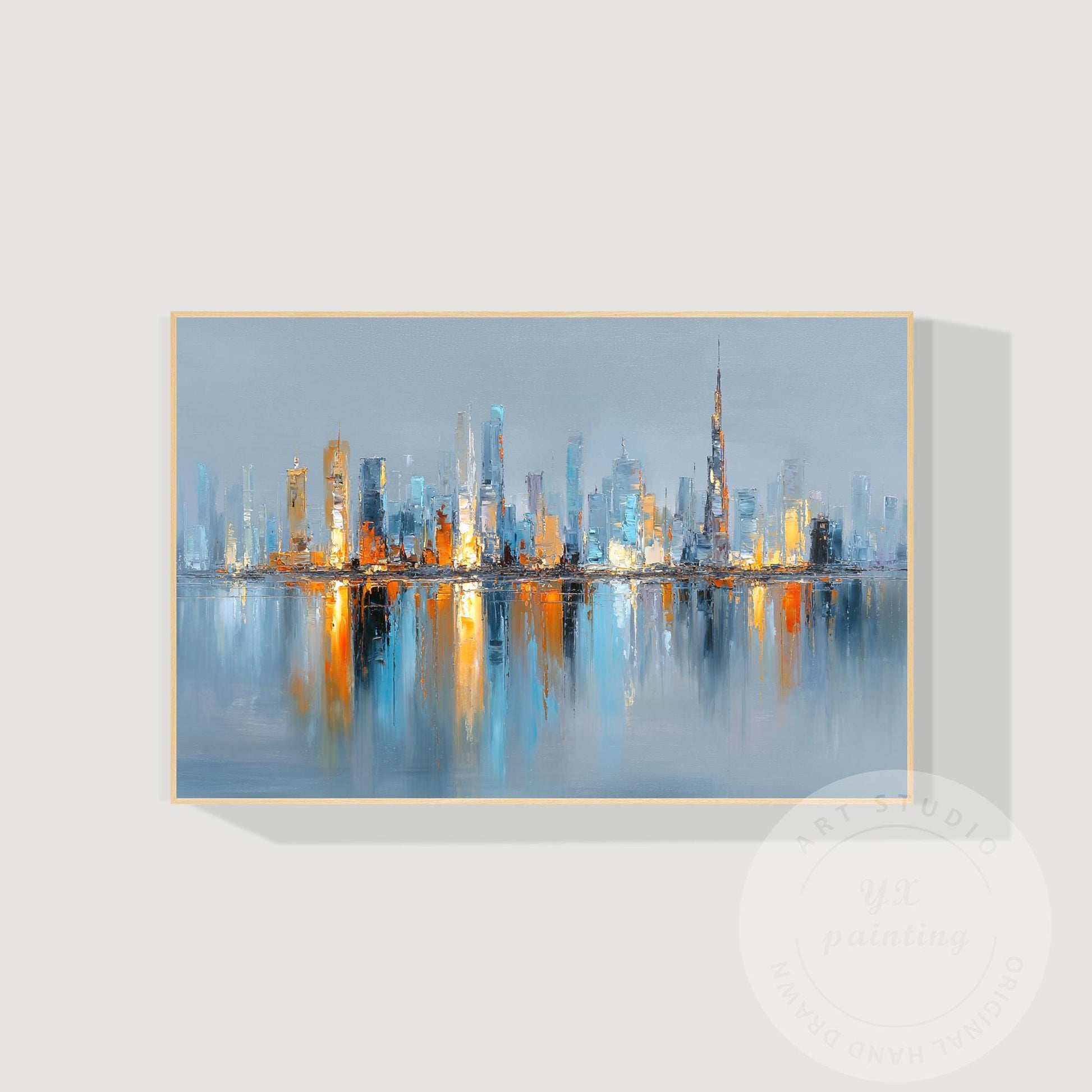 Horizontal Hand Painted Dubai Skyline Art – Oversized Gold and Blue Abstract Cit #8