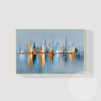Horizontal Hand Painted Dubai Skyline Art – Oversized Gold and Blue Abstract Cit #8