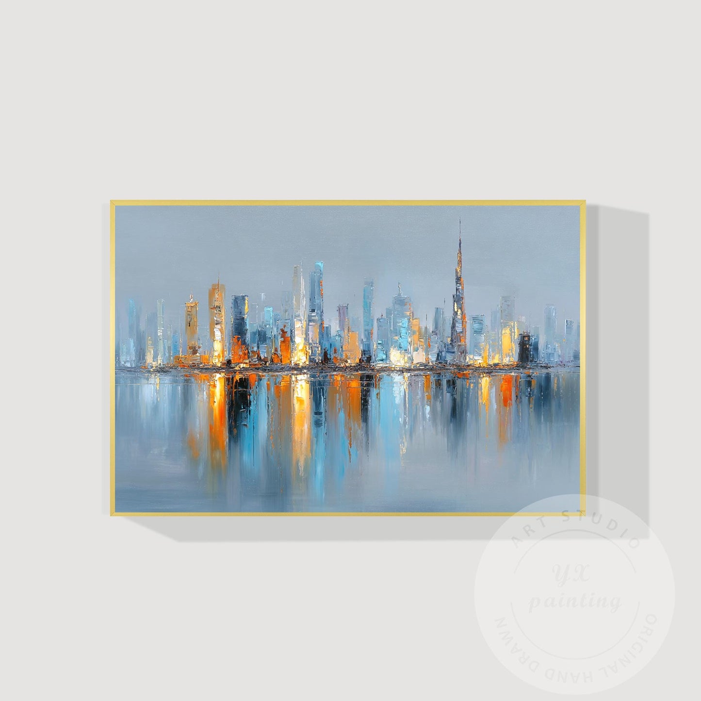 Horizontal Hand Painted Dubai Skyline Art – Oversized Gold and Blue Abstract Cit #9