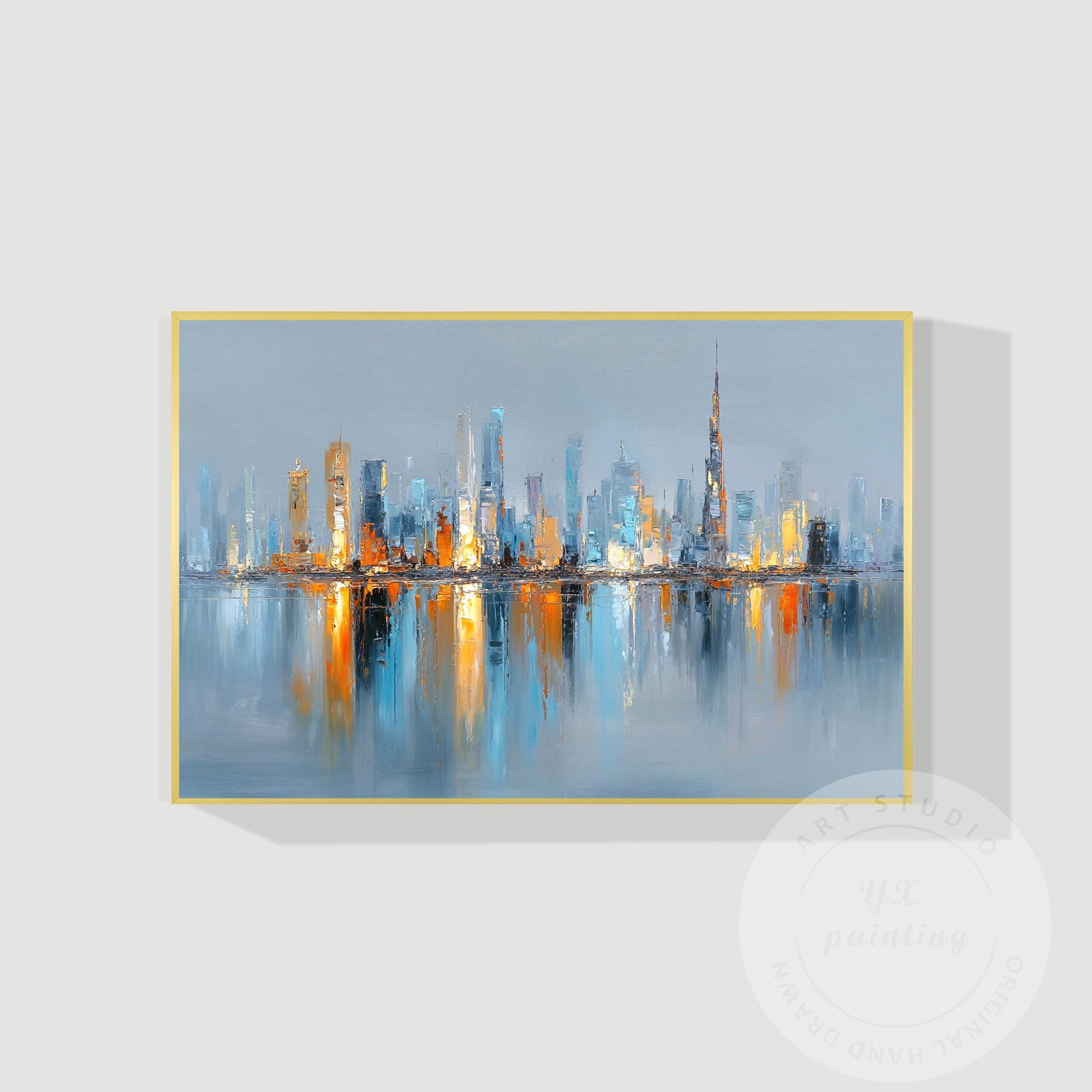 Horizontal Hand Painted Dubai Skyline Art – Oversized Gold and Blue Abstract Cit #9