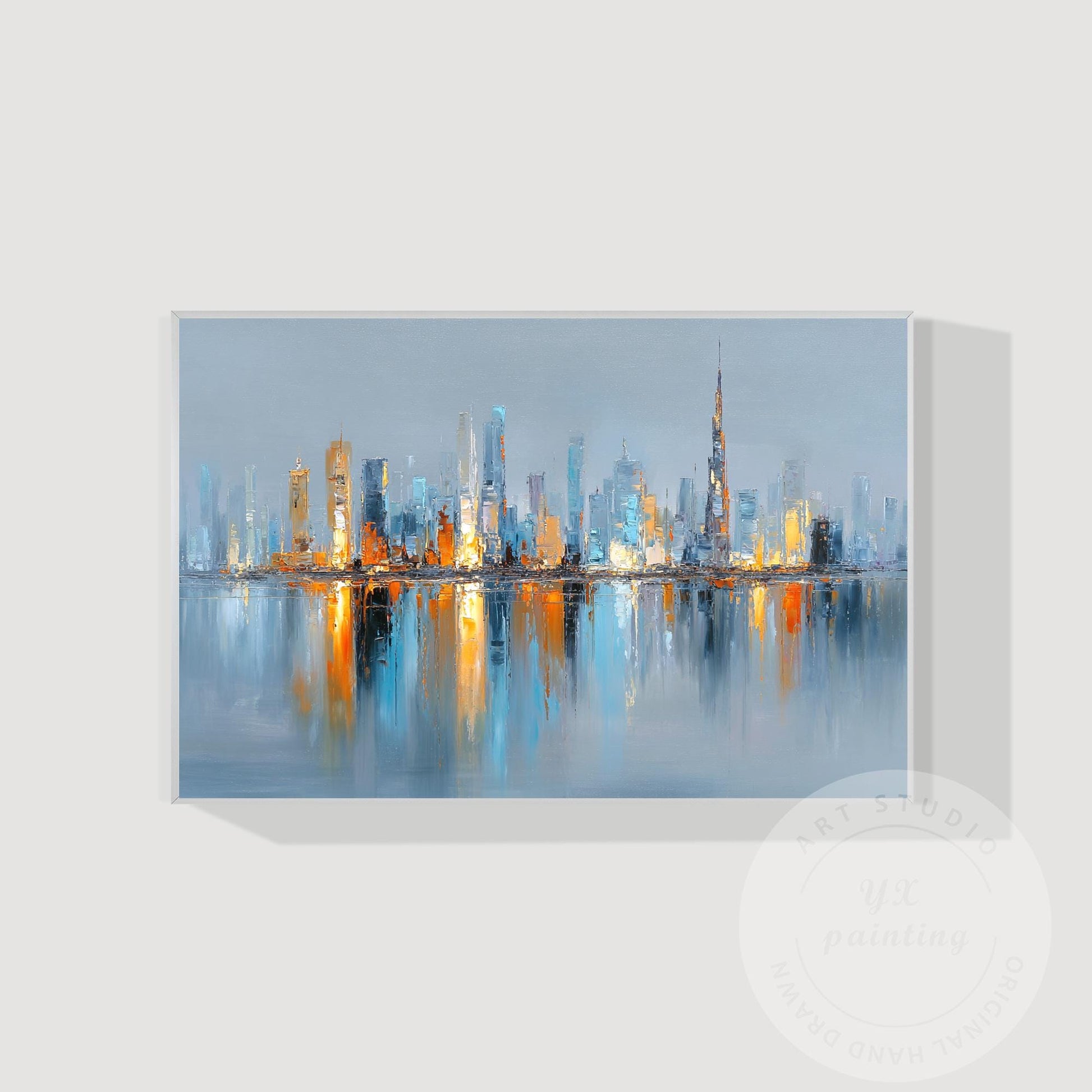 Horizontal Hand Painted Dubai Skyline Art – Oversized Gold and Blue Abstract Cit #10
