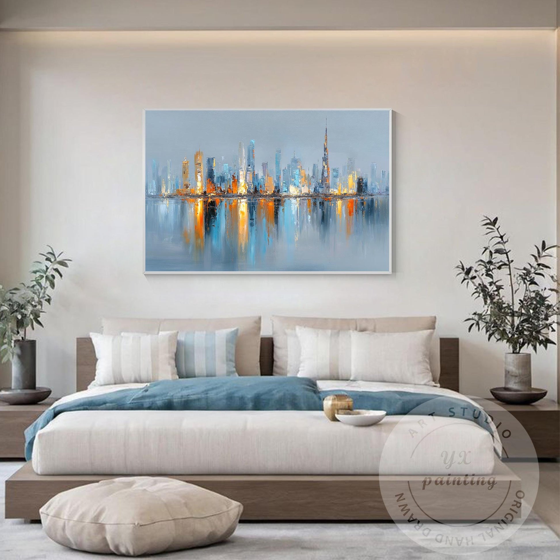 Horizontal Hand Painted Dubai Skyline Art – Oversized Gold and Blue Abstract Cit #1