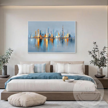 Horizontal Hand Painted Dubai Skyline Art – Oversized Gold and Blue Abstract Cit #1