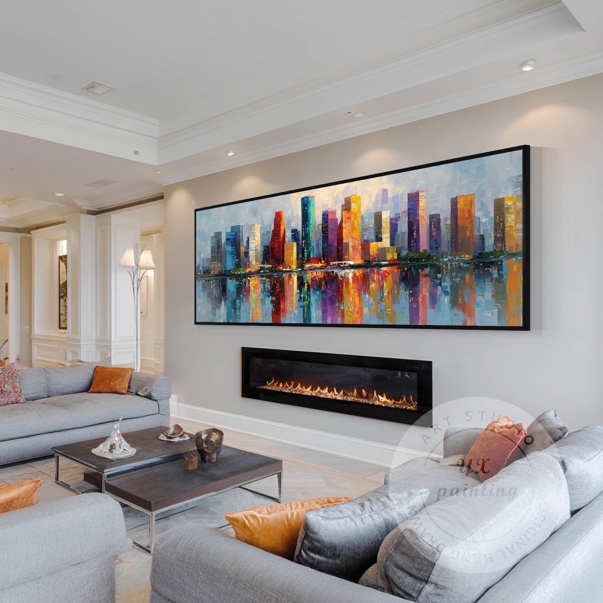 Houston Skyline Wall Art Long Narrow Canvas, Abstract Cityscape Painting, Hand P #2