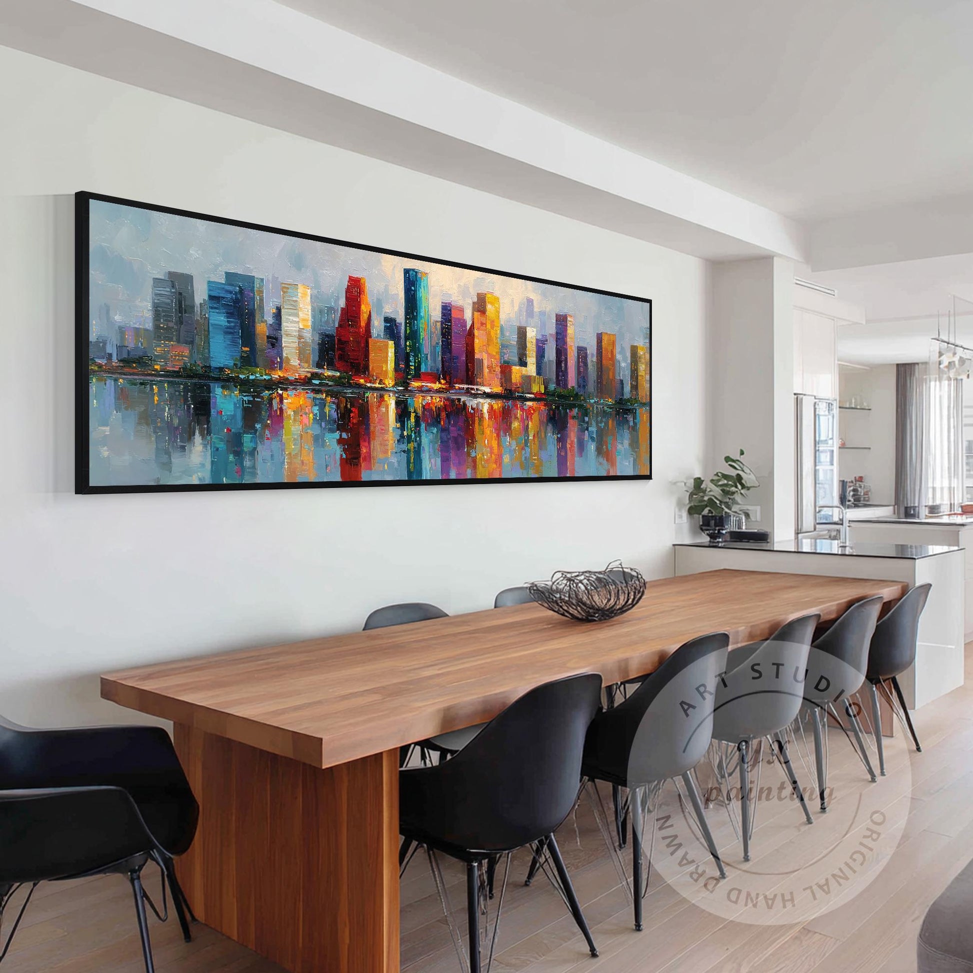 Houston Skyline Wall Art Long Narrow Canvas, Abstract Cityscape Painting, Hand P #3