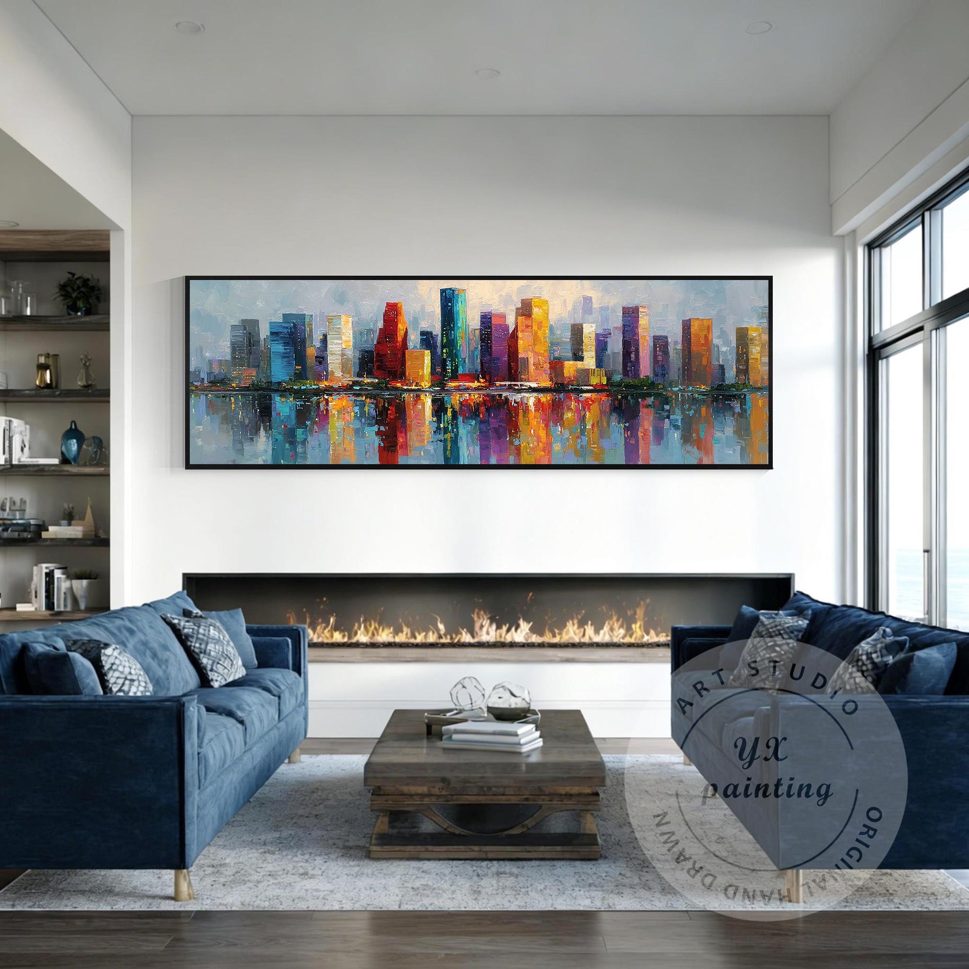 Houston Skyline Wall Art Long Narrow Canvas, Abstract Cityscape Painting, Hand P #4