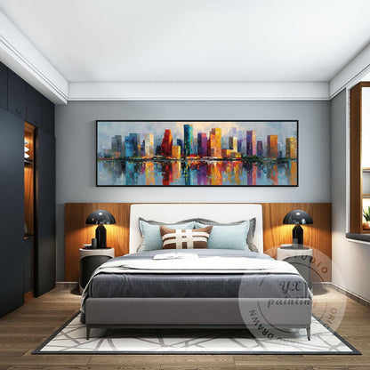 Houston Skyline Wall Art Long Narrow Canvas, Abstract Cityscape Painting, Hand P #5