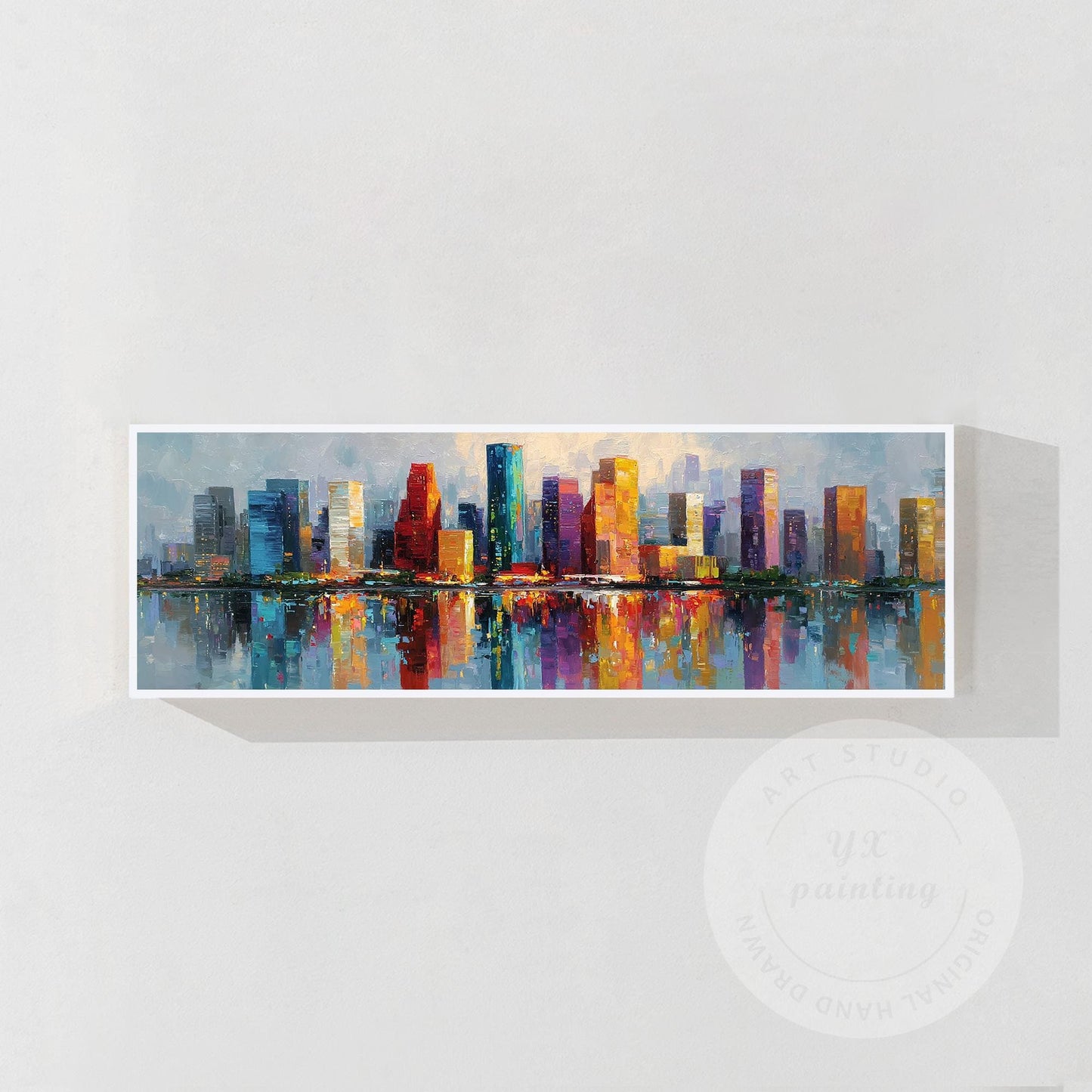 Houston Skyline Wall Art Long Narrow Canvas, Abstract Cityscape Painting, Hand P #6