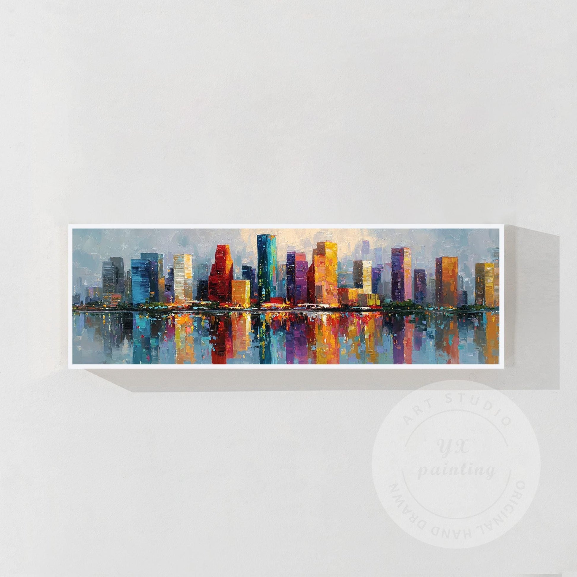 Houston Skyline Wall Art Long Narrow Canvas, Abstract Cityscape Painting, Hand P #6