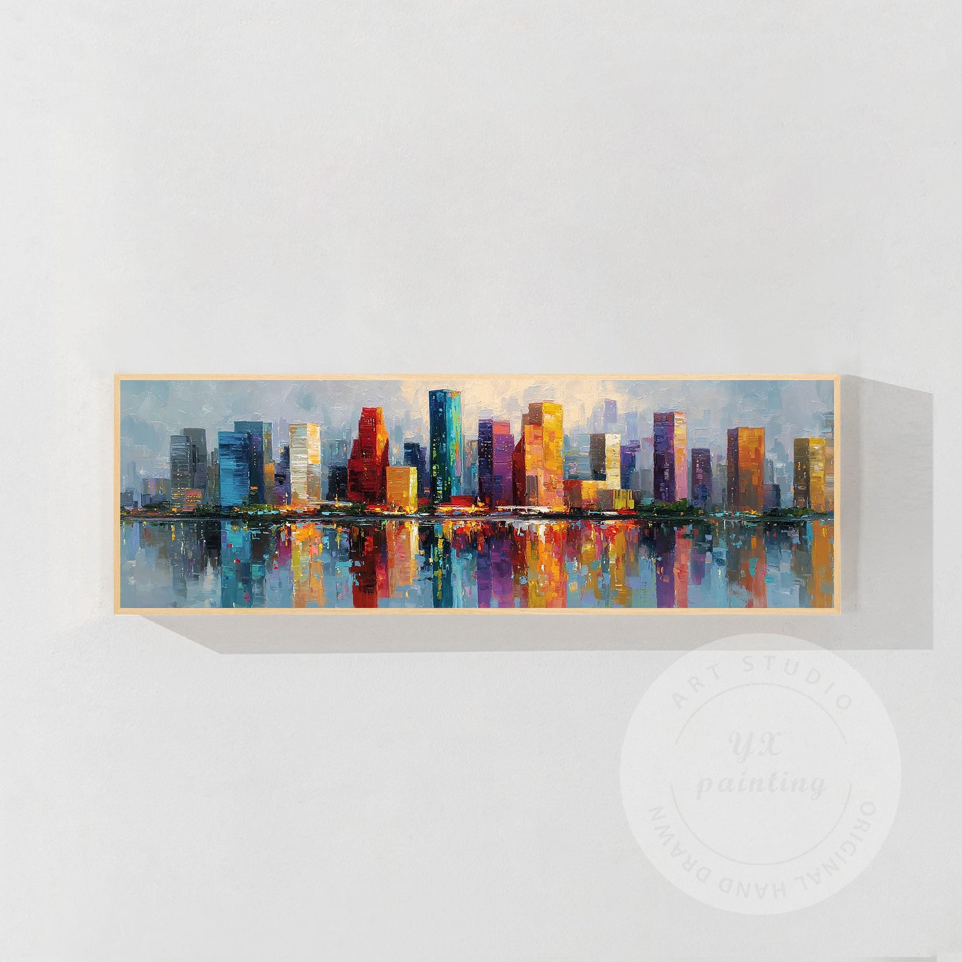 Houston Skyline Wall Art Long Narrow Canvas, Abstract Cityscape Painting, Hand P #8