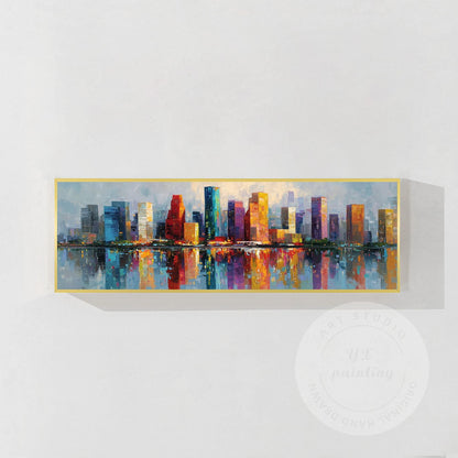 Houston Skyline Wall Art Long Narrow Canvas, Abstract Cityscape Painting, Hand P #9