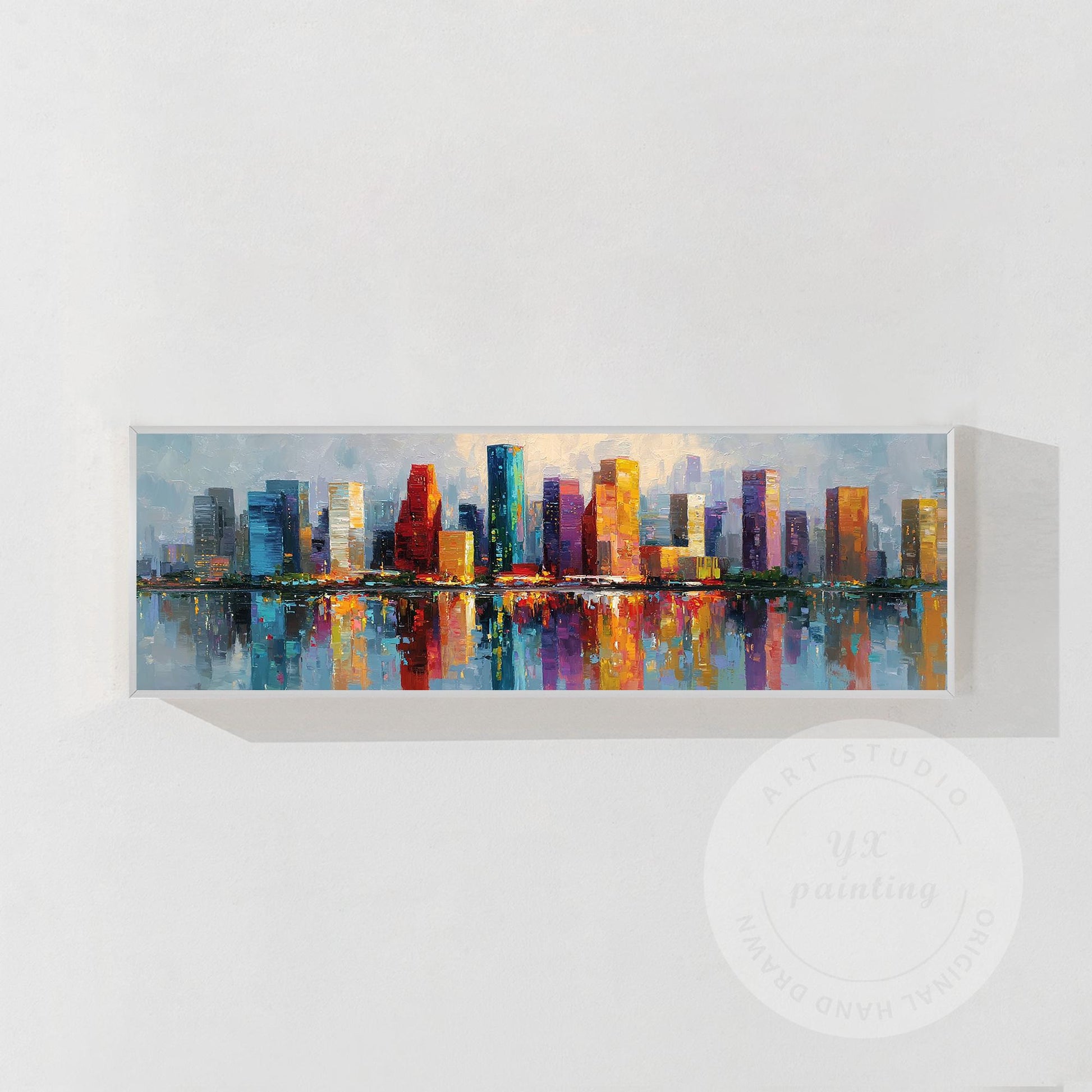 Houston Skyline Wall Art Long Narrow Canvas, Abstract Cityscape Painting, Hand P #10