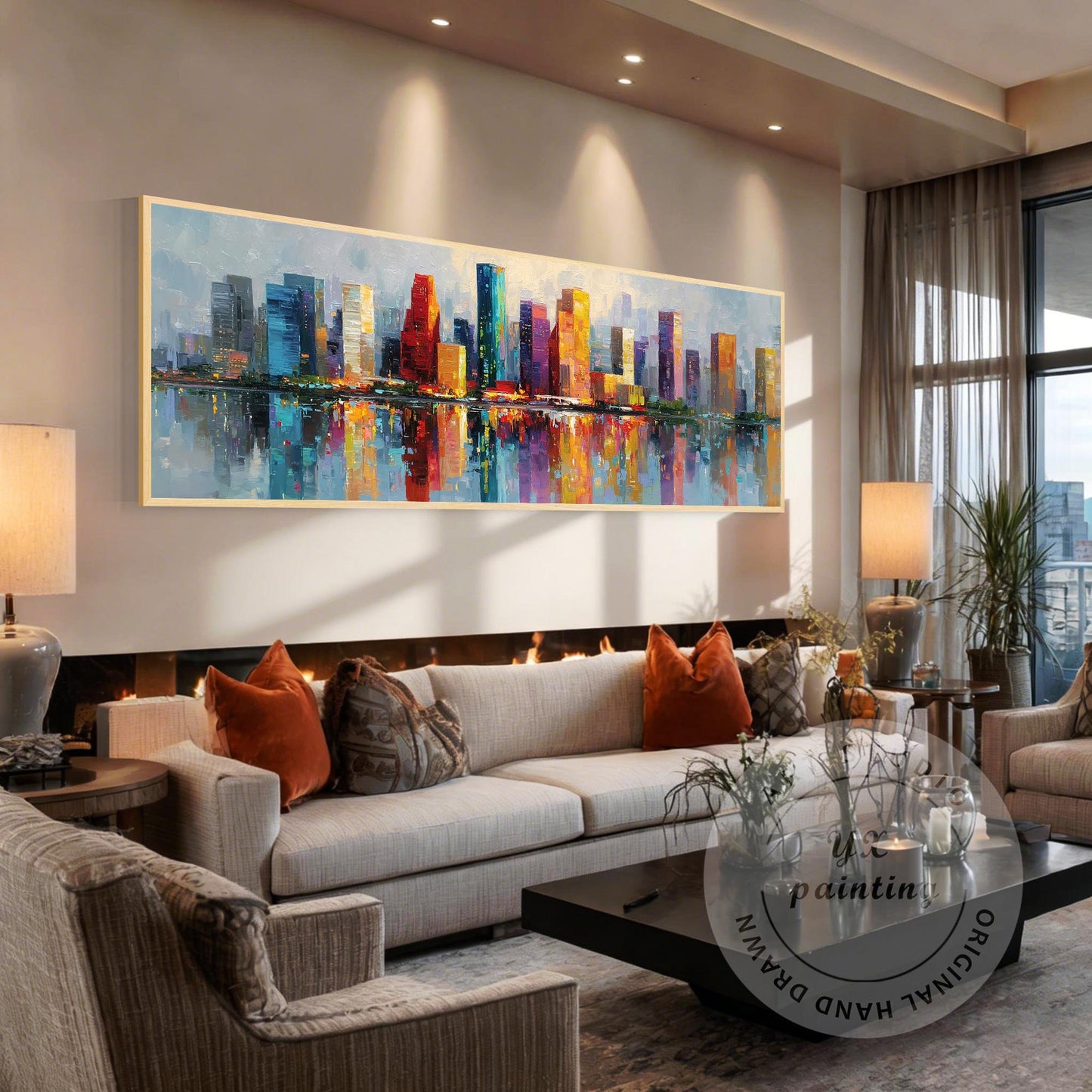 Houston Skyline Wall Art Long Narrow Canvas, Abstract Cityscape Painting, Hand P #1