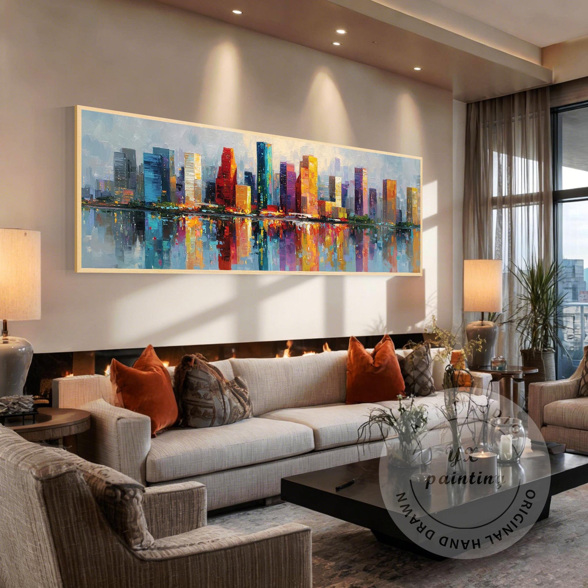 Houston Skyline Wall Art Long Narrow Canvas, Abstract Cityscape Painting, Hand P #1