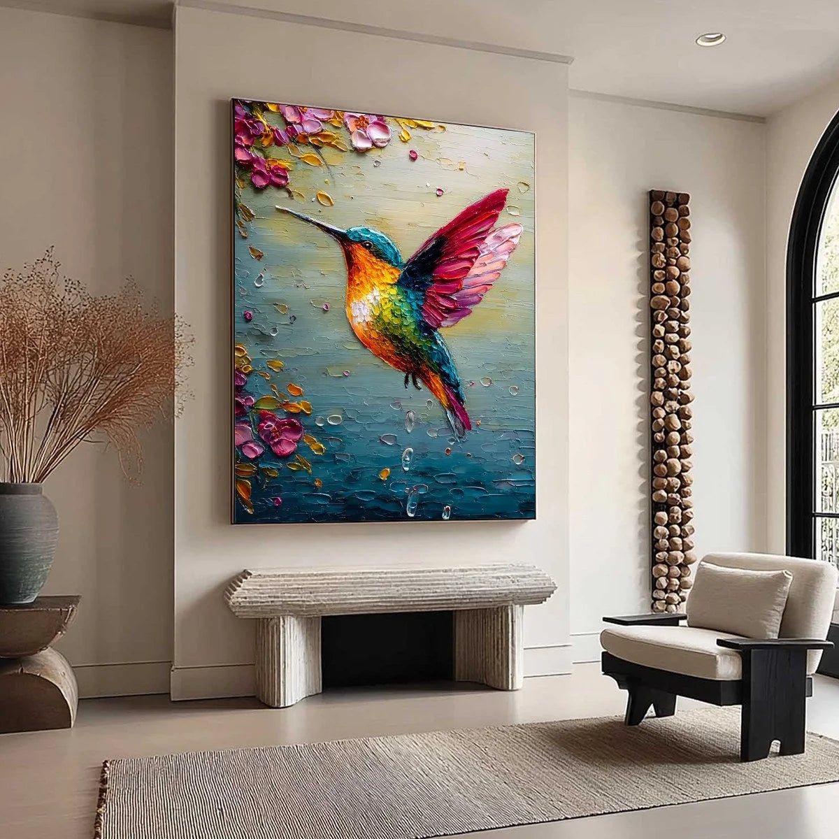 HUMMINGBIRD RADIANCE: Impasto Colorful Wildlife Oil Painting | Figurative closeup, raised brushwork detail