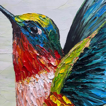 HUMMINGBIRD RADIANCE: Impasto Colorful Wildlife Oil Painting | rectangular format, hand-painted canvas edge