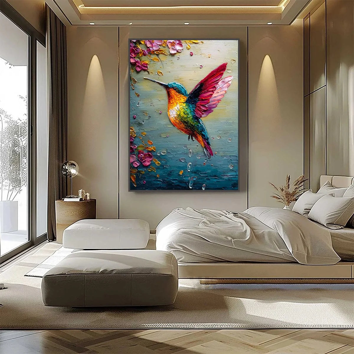 HUMMINGBIRD RADIANCE: Impasto Colorful Wildlife Oil Painting | gold frame stretched on neutral wall