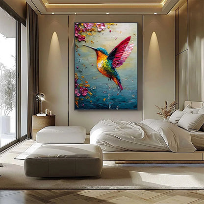 HUMMINGBIRD RADIANCE: Impasto Colorful Wildlife Oil Painting | gold frame stretched on neutral wall