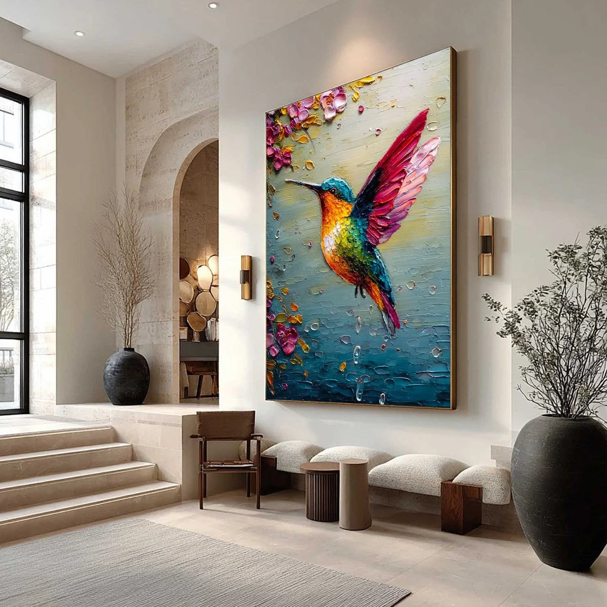 HUMMINGBIRD RADIANCE: Impasto Colorful Wildlife Oil Painting | black frame version on white wall