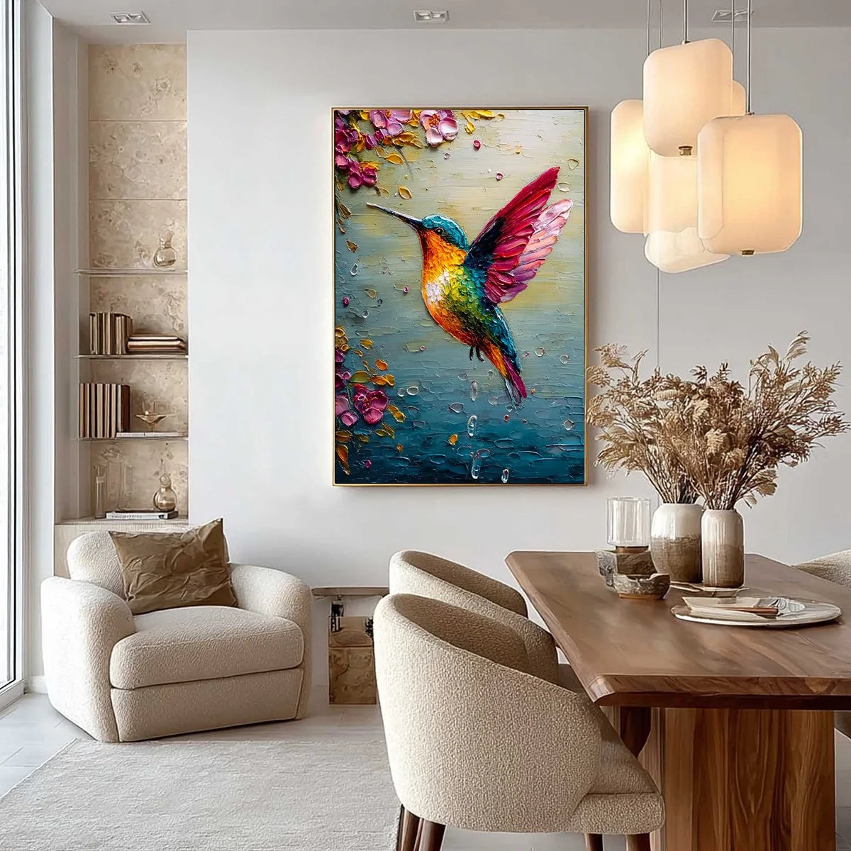 HUMMINGBIRD RADIANCE: Impasto Colorful Wildlife Oil Painting | Figurative mood, soft natural light studio shot
