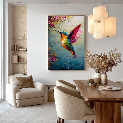HUMMINGBIRD RADIANCE: Impasto Colorful Wildlife Oil Painting | Figurative mood, soft natural light studio shot