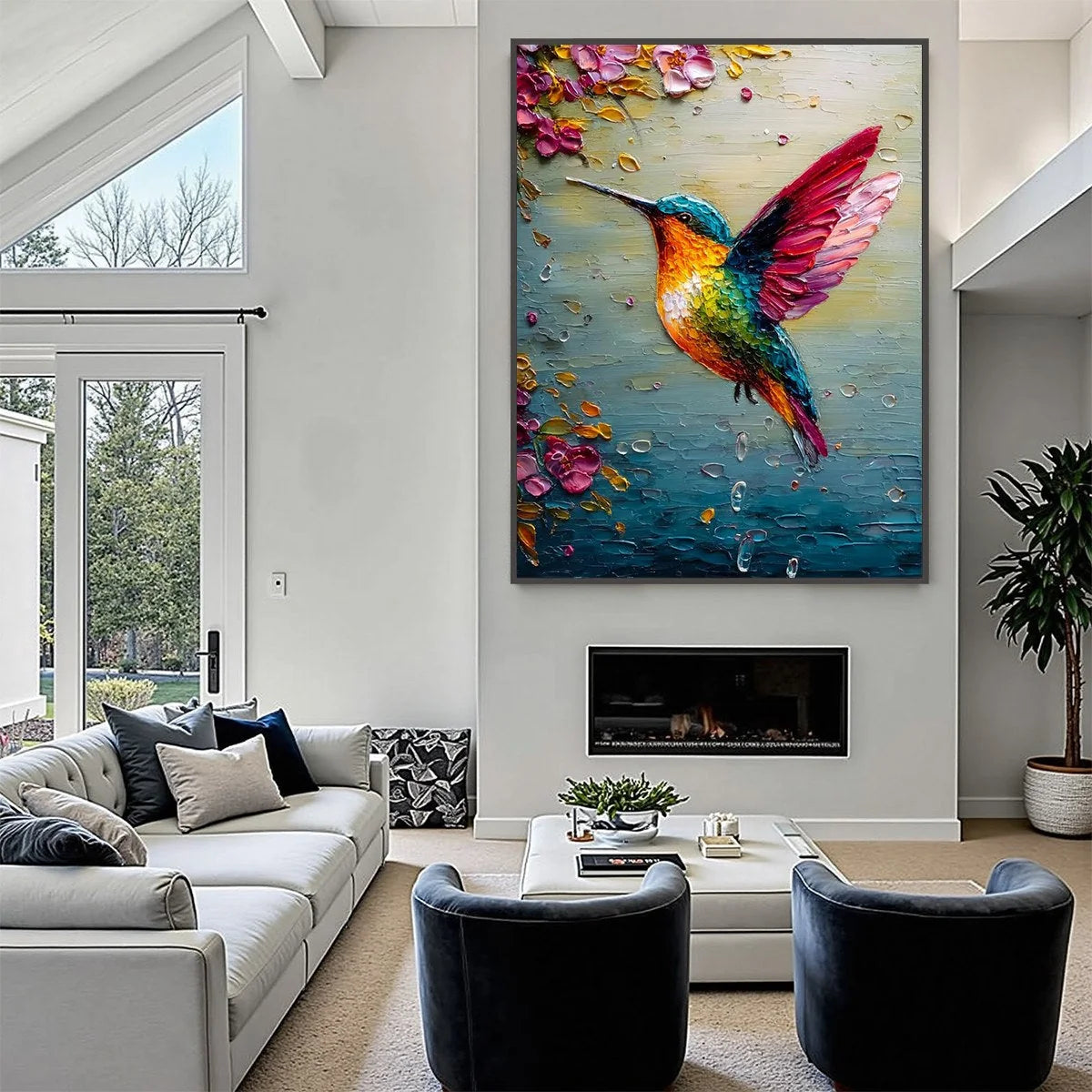 HUMMINGBIRD RADIANCE: Impasto Colorful Wildlife Oil Painting | multi-color palette, original oil on stretched canvas art