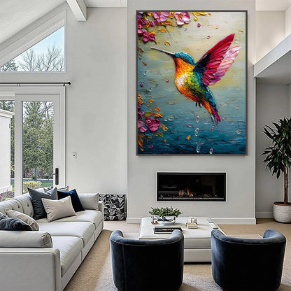 HUMMINGBIRD RADIANCE: Impasto Colorful Wildlife Oil Painting | multi-color palette, original oil on stretched canvas art