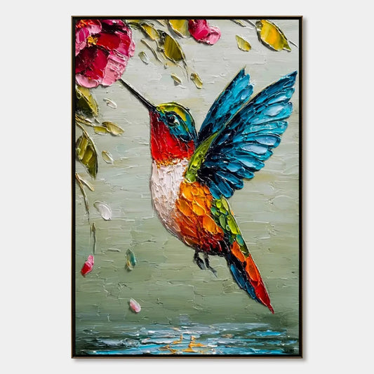HUMMINGBIRD RADIANCE: Impasto Colorful Wildlife Oil Painting | hanging in living room, Figurative wall art