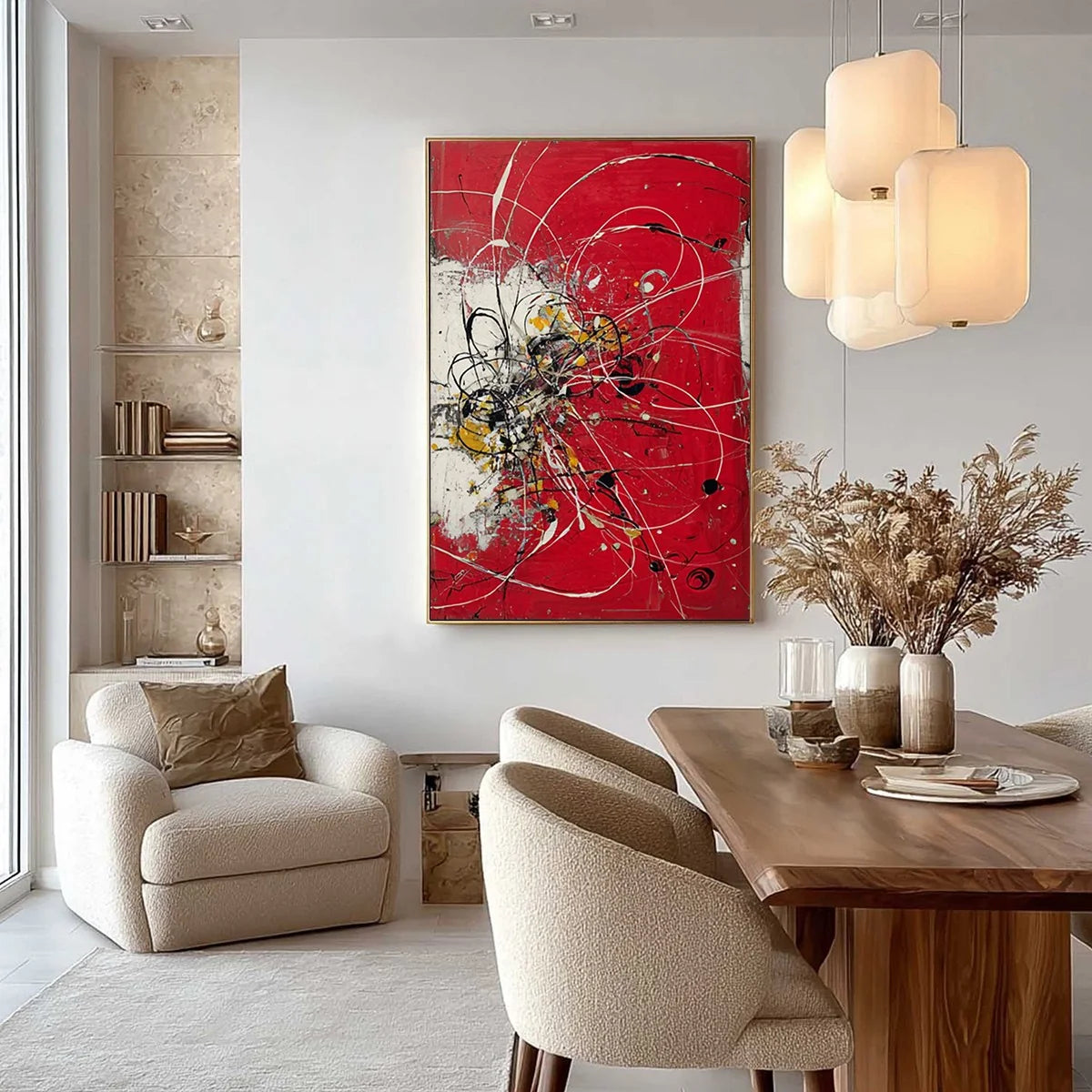 IGNITION: Bold Red and Black Abstract Expressionist Wall Art | gold frame stretched on neutral wall