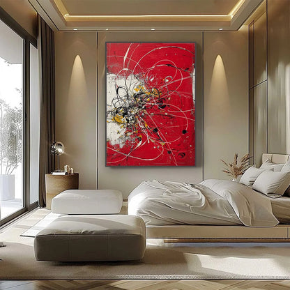 IGNITION: Bold Red and Black Abstract Expressionist Wall Art | black frame version on white wall