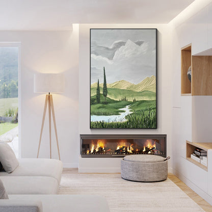 Impressionist landscape painting mountain green tree river grassland painting on #12