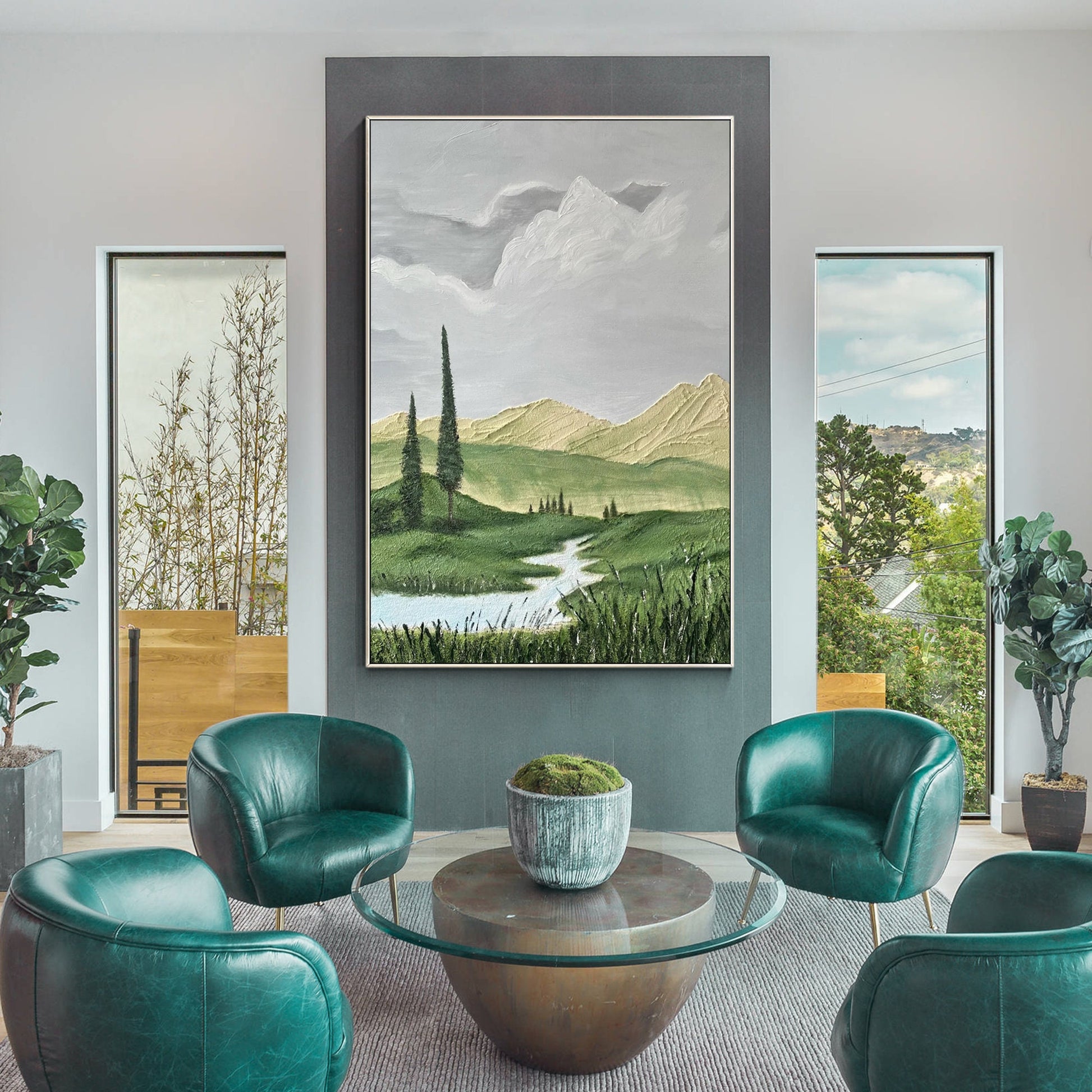 Impressionist landscape painting mountain green tree river grassland painting on #13