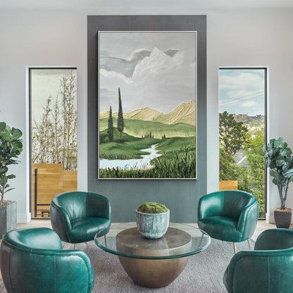 Impressionist landscape painting mountain green tree river grassland painting on #13
