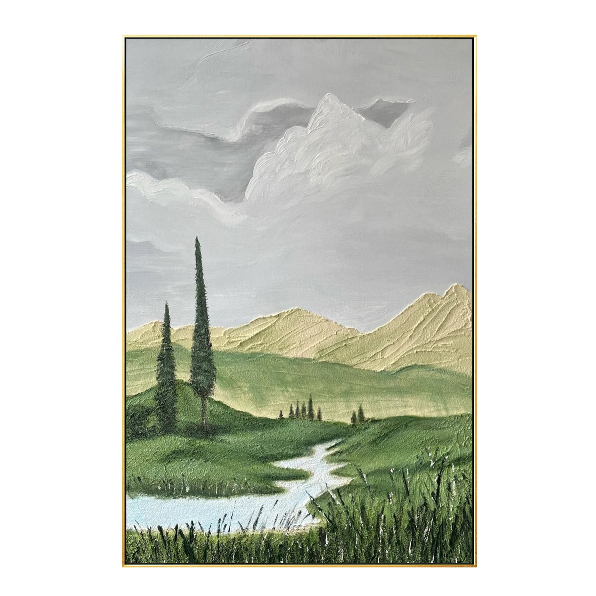 Impressionist landscape painting mountain green tree river grassland painting on #16